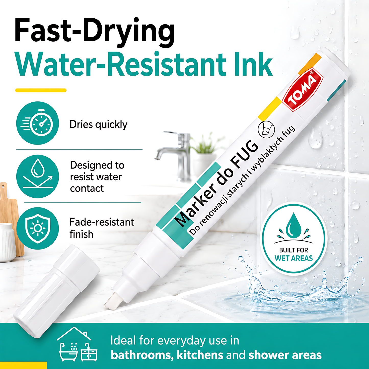 White Grout Marker Pen for Tile Joints - Fast-Drying Water-Resistant Ink, Fade-Resistant - for Bathroom, Kitchen Grout Refresh