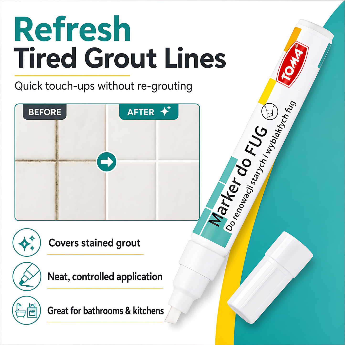 White Grout Marker Pen for Tile Joints - Fast-Drying Water-Resistant Ink, Fade-Resistant - for Bathroom, Kitchen Grout Refresh