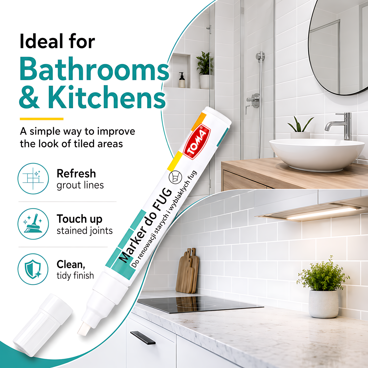 White Grout Marker Pen for Tile Joints - Fast-Drying Water-Resistant Ink, Fade-Resistant - for Bathroom, Kitchen Grout Refresh