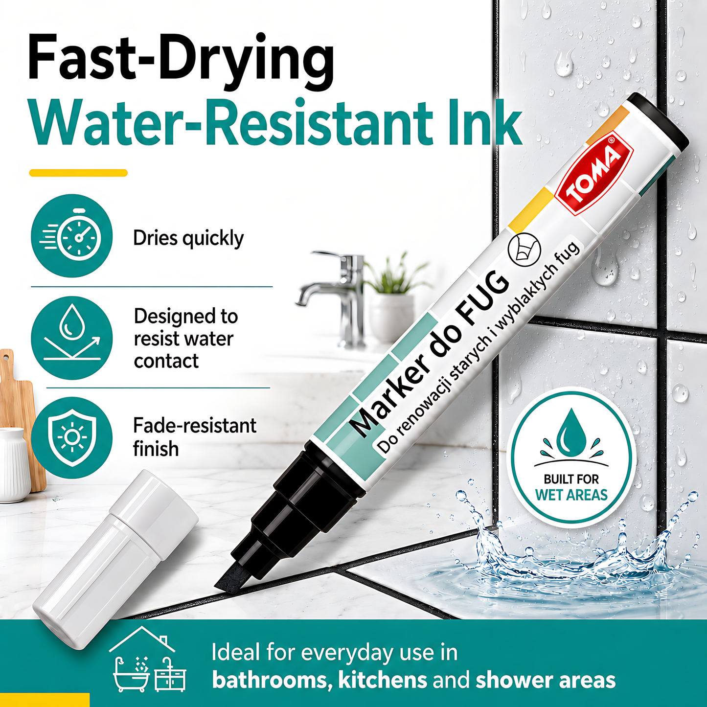 Black Grout Marker Pen for Tile Joints - Fast-Drying Water-Resistant Ink, Fade-Resistant - for Bathroom, Kitchen Grout Refresh