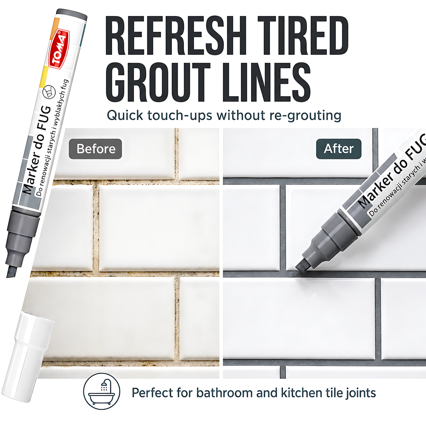 Graphite Grout Marker Pen for Tile Joints - Fast-Drying Water-Resistant, Fade-Resistant - for Bathroom, Kitchen Grout Refresh