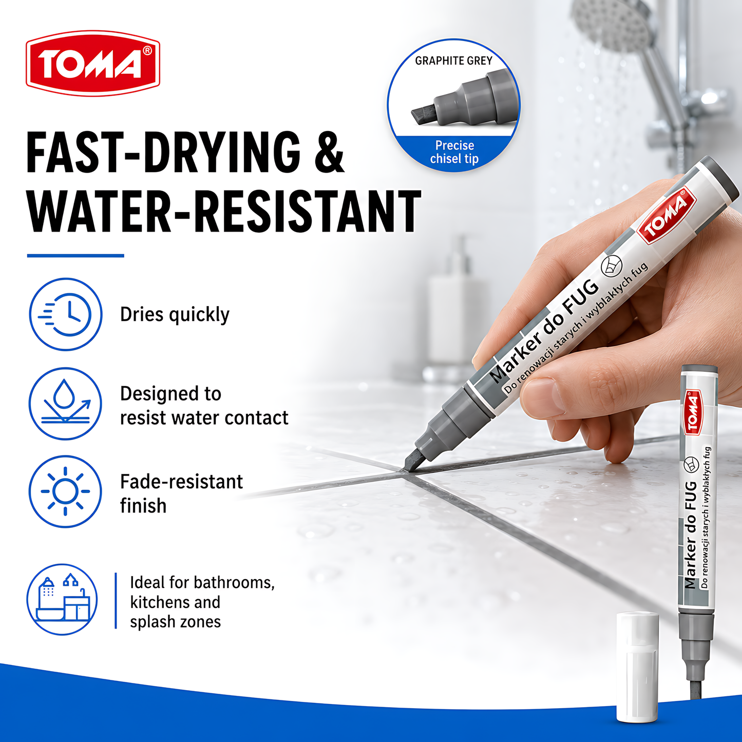 2 x Graphite Grout Marker Pen for Tile Joints - Fast-Drying Water-Resistant, Fade-Resistant - for Bathroom, Kitchen Grout Refresh
