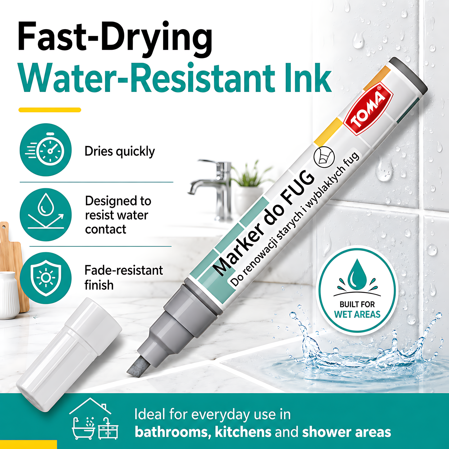 2 x Grey Grout Marker Pen for Tile Joints - Fast-Drying Water-Resistant Ink, Fade-Resistant - for Bathroom, Kitchen Grout Refresh