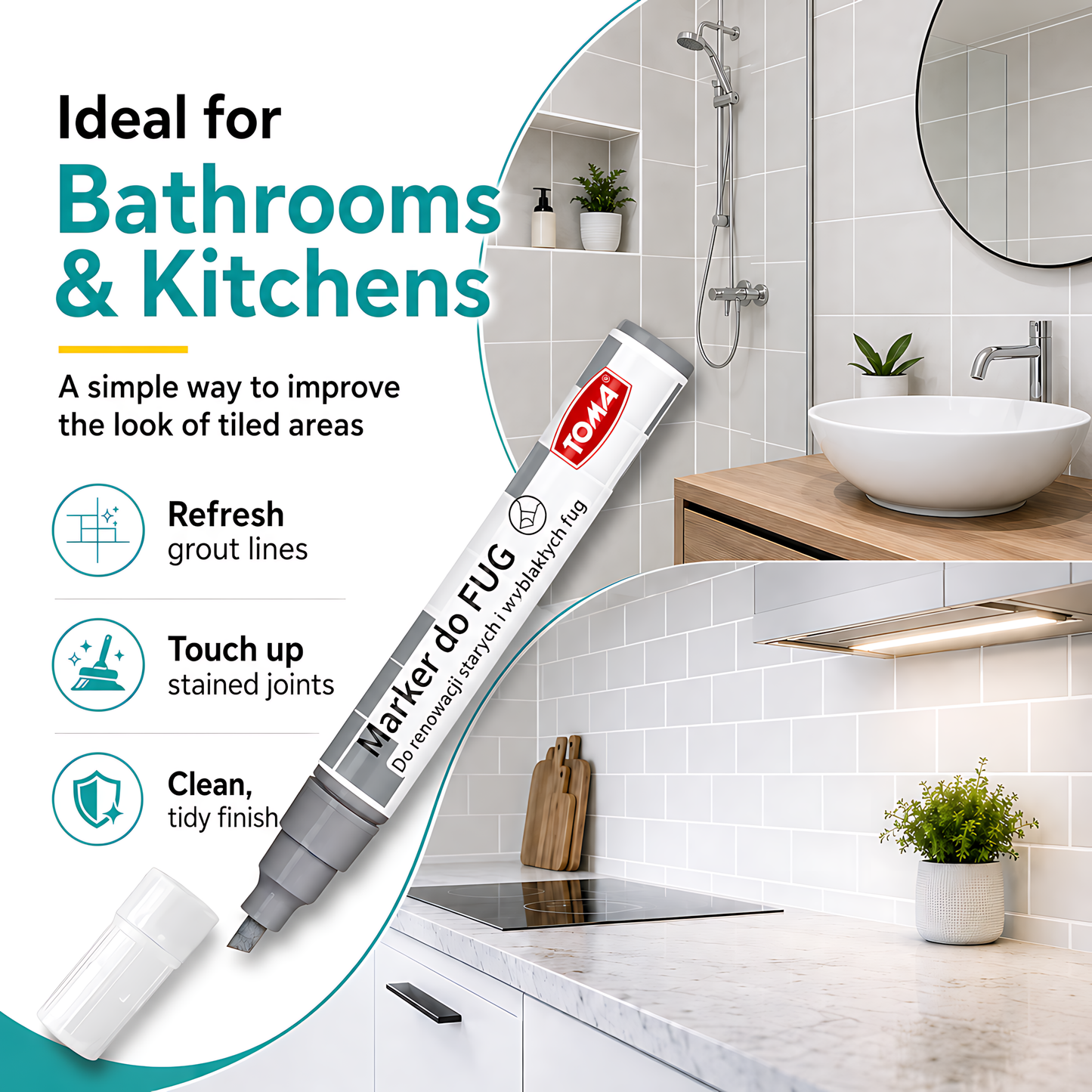 2 x Grey Grout Marker Pen for Tile Joints - Fast-Drying Water-Resistant Ink, Fade-Resistant - for Bathroom, Kitchen Grout Refresh