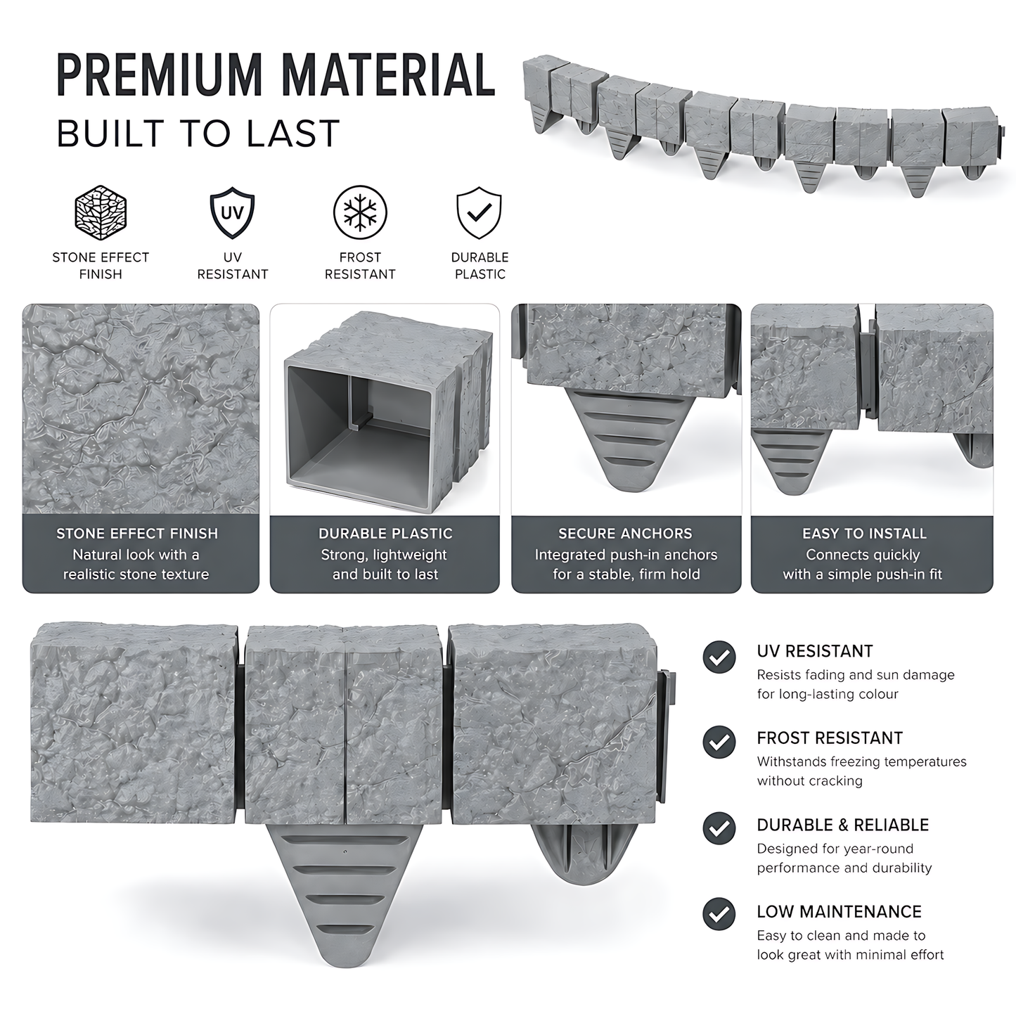 Lawn Edging Garden Palisade Grey Stone Effect - 162cm Plastic Border, 6 x 27cm Push-In Sections for Outdoor Landscaping