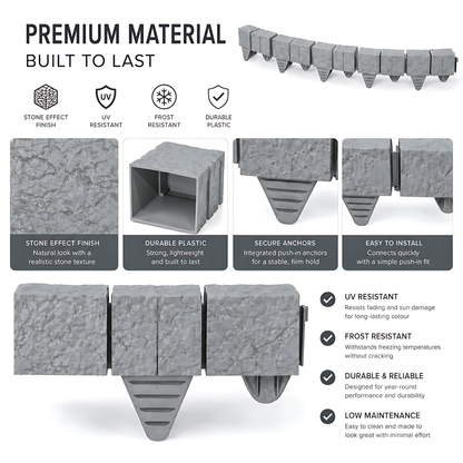 Lawn Edging Garden Palisade Grey Stone Effect - 162cm Plastic Border, 6 x 27cm Push-In Sections for Outdoor Landscaping