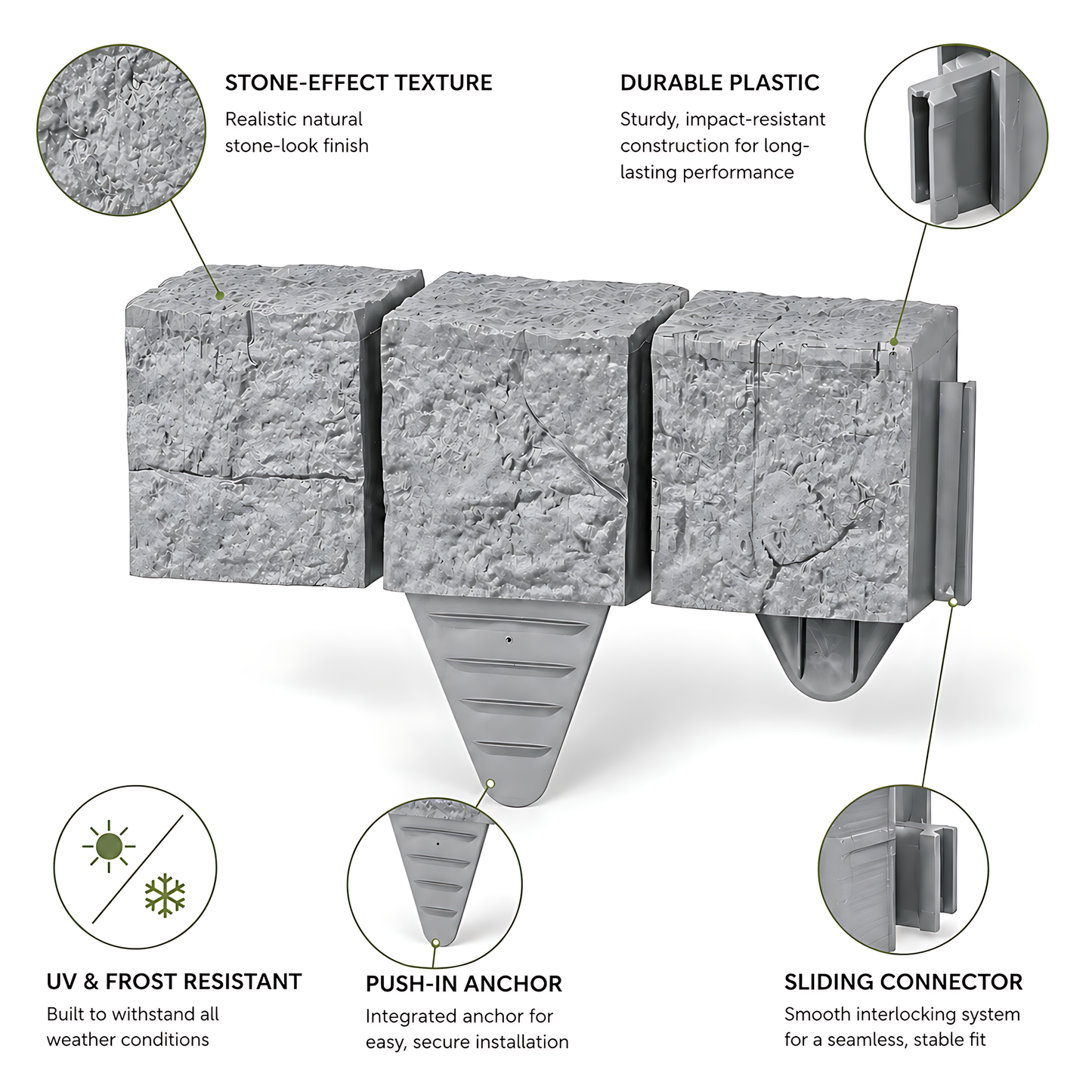 Lawn Edging Garden Palisade Grey Stone Effect - 162cm Plastic Border, 6 x 27cm Push-In Sections for Outdoor Landscaping