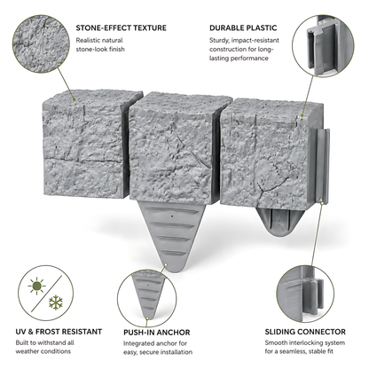 Lawn Edging Garden Palisade Grey Stone Effect - 162cm Plastic Border, 6 x 27cm Push-In Sections for Outdoor Landscaping