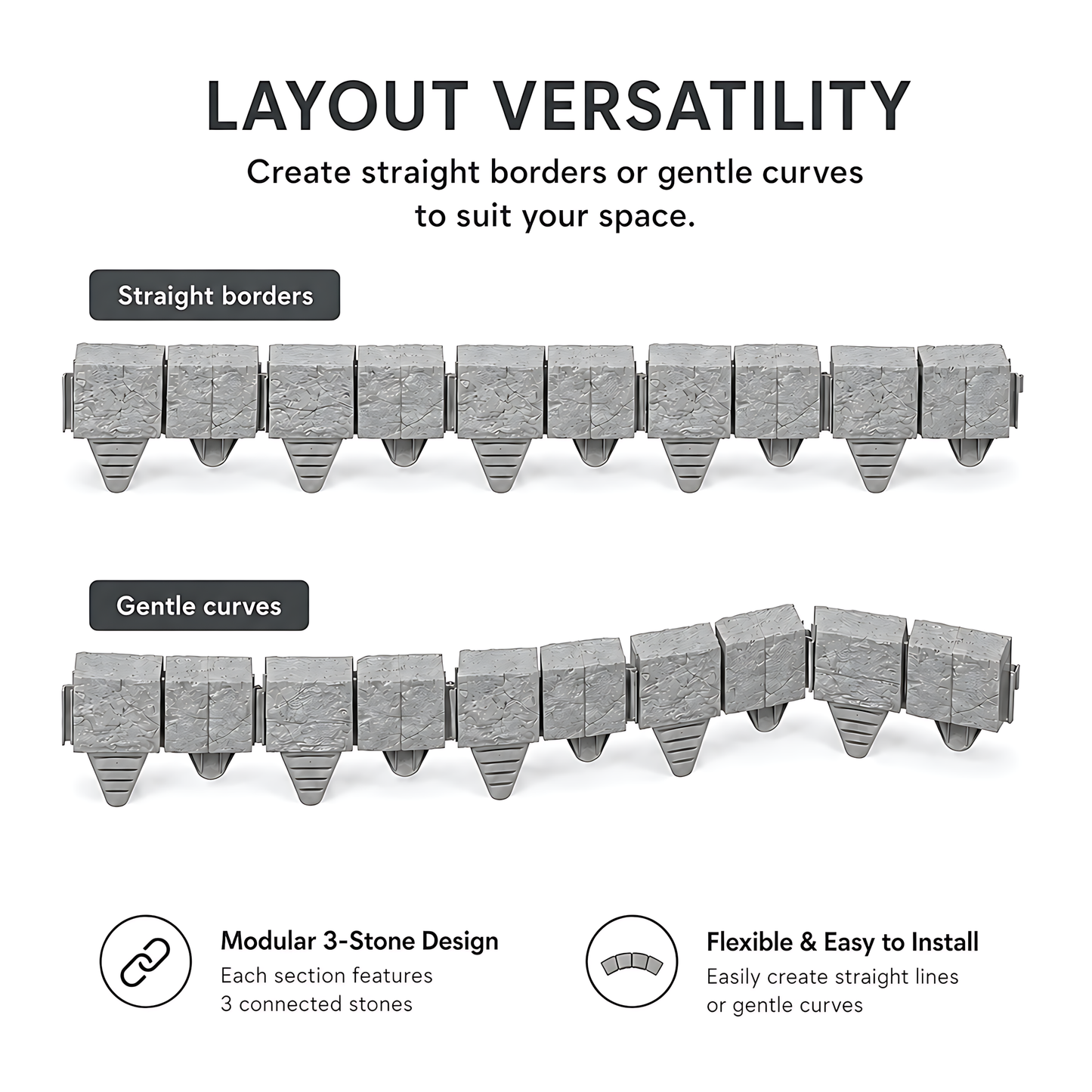Lawn Edging Garden Palisade Grey Stone Effect - 162cm Plastic Border, 6 x 27cm Push-In Sections for Outdoor Landscaping