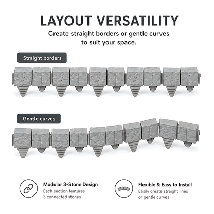 Lawn Edging Garden Palisade Grey Stone Effect - 162cm Plastic Border, 6 x 27cm Push-In Sections for Outdoor Landscaping