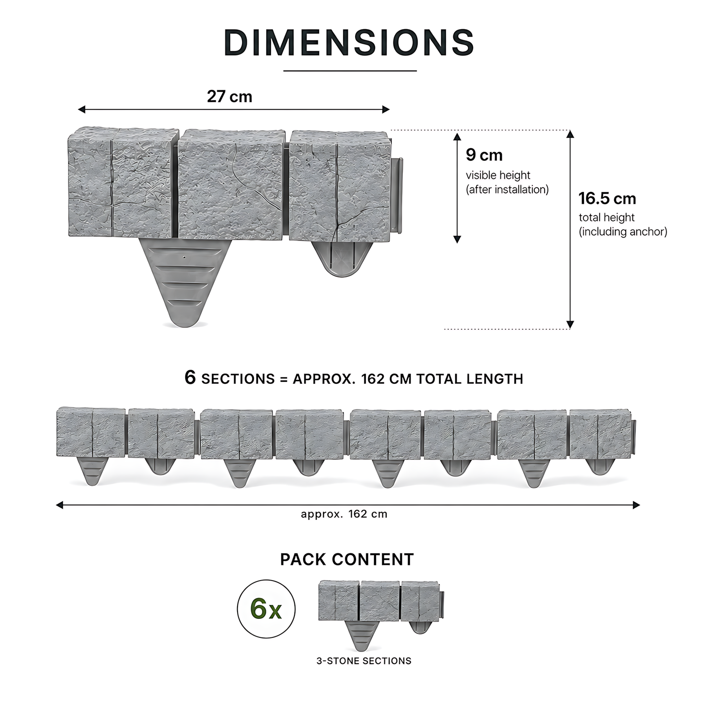 Lawn Edging Garden Palisade Grey Stone Effect - 162cm Plastic Border, 6 x 27cm Push-In Sections for Outdoor Landscaping