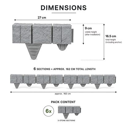 Lawn Edging Garden Palisade Grey Stone Effect - 162cm Plastic Border, 6 x 27cm Push-In Sections for Outdoor Landscaping