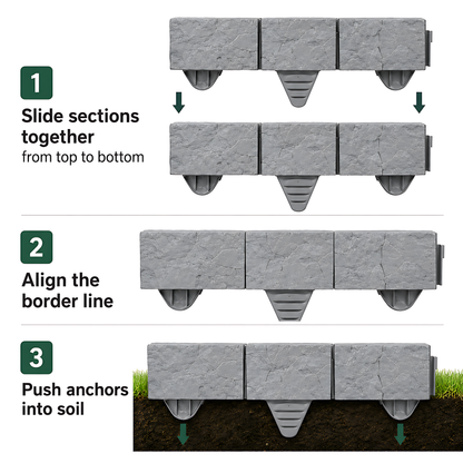 Lawn Edging Garden Palisade Grey Stone Effect - 162cm Plastic Border, 6 x 27cm Push-In Sections for Outdoor Landscaping