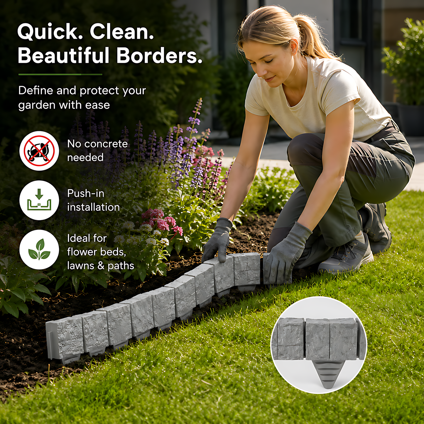 Lawn Edging Garden Palisade Grey Stone Effect - 162cm Plastic Border, 6 x 27cm Push-In Sections for Outdoor Landscaping