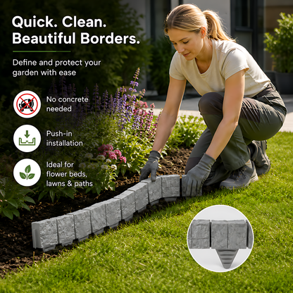 Lawn Edging Garden Palisade Grey Stone Effect - 162cm Plastic Border, 6 x 27cm Push-In Sections for Outdoor Landscaping
