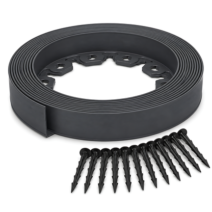 Grey Lawn Edging Border 10m 33ft x 55mm - Flexible Plastic Garden Edge Strip with 20 Securing Pegs, Easy Cut-to-Shape Landscape Trim for Flower Beds, Grass, Paths, Gravel, Bark and Mowing Strips