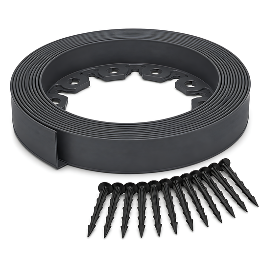 Grey Lawn Edging Border 10m 33ft x 55mm - Flexible Plastic Garden Edge Strip with 20 Securing Pegs, Easy Cut-to-Shape Landscape Trim for Flower Beds, Grass, Paths, Gravel, Bark and Mowing Strips