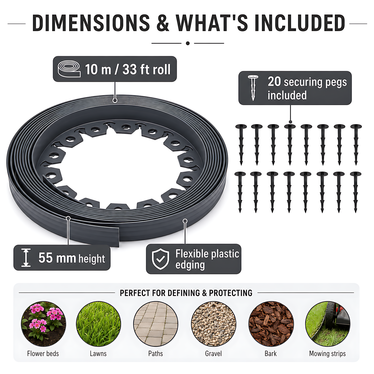 Grey Lawn Edging Border 10m 33ft x 55mm - Flexible Plastic Garden Edge Strip with 20 Securing Pegs, Easy Cut-to-Shape Landscape Trim for Flower Beds, Grass, Paths, Gravel, Bark and Mowing Strips
