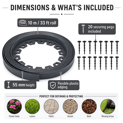 Grey Lawn Edging Border 10m 33ft x 55mm - Flexible Plastic Garden Edge Strip with 20 Securing Pegs, Easy Cut-to-Shape Landscape Trim for Flower Beds, Grass, Paths, Gravel, Bark and Mowing Strips