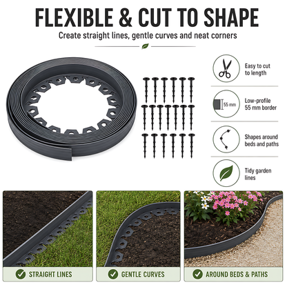 Grey Lawn Edging Border 10m 33ft x 55mm - Flexible Plastic Garden Edge Strip with 20 Securing Pegs, Easy Cut-to-Shape Landscape Trim for Flower Beds, Grass, Paths, Gravel, Bark and Mowing Strips