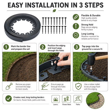 Grey Lawn Edging Border 10m 33ft x 55mm - Flexible Plastic Garden Edge Strip with 20 Securing Pegs, Easy Cut-to-Shape Landscape Trim for Flower Beds, Grass, Paths, Gravel, Bark and Mowing Strips
