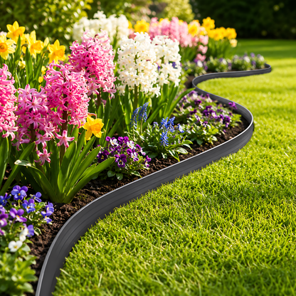 Grey Lawn Edging Border 10m 33ft x 55mm - Flexible Plastic Garden Edge Strip with 20 Securing Pegs, Easy Cut-to-Shape Landscape Trim for Flower Beds, Grass, Paths, Gravel, Bark and Mowing Strips