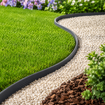 Grey Lawn Edging Border 10m 33ft x 55mm - Flexible Plastic Garden Edge Strip with 20 Securing Pegs, Easy Cut-to-Shape Landscape Trim for Flower Beds, Grass, Paths, Gravel, Bark and Mowing Strips