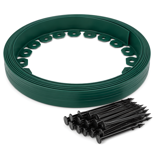 Green Lawn Edging Border 10m 33ft x 38mm - Flexible Plastic Garden Edge Strip with 20 Securing Pegs, Easy Cut-to-Shape Landscape Trim for Flower Beds, Grass, Paths, Gravel, Bark and Mowing Strips