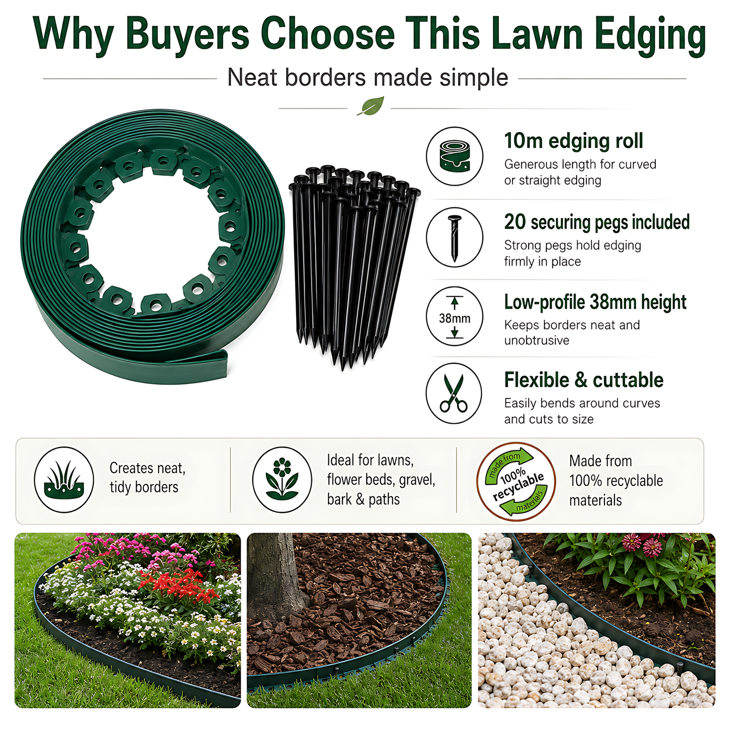 Green Lawn Edging Border 10m 33ft x 38mm - Flexible Plastic Garden Edge Strip with 20 Securing Pegs, Easy Cut-to-Shape Landscape Trim for Flower Beds, Grass, Paths, Gravel, Bark and Mowing Strips