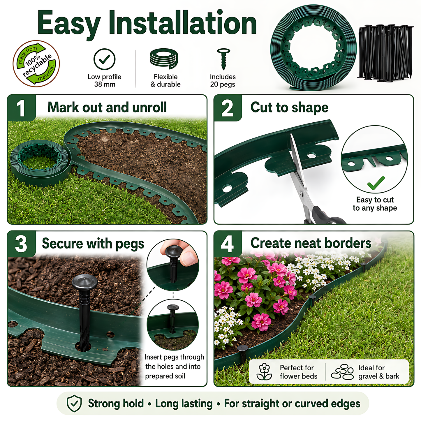 Green Lawn Edging Border 10m 33ft x 38mm - Flexible Plastic Garden Edge Strip with 20 Securing Pegs, Easy Cut-to-Shape Landscape Trim for Flower Beds, Grass, Paths, Gravel, Bark and Mowing Strips