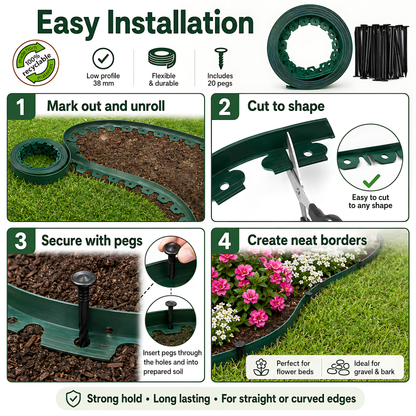 Green Lawn Edging Border 10m 33ft x 38mm - Flexible Plastic Garden Edge Strip with 20 Securing Pegs, Easy Cut-to-Shape Landscape Trim for Flower Beds, Grass, Paths, Gravel, Bark and Mowing Strips