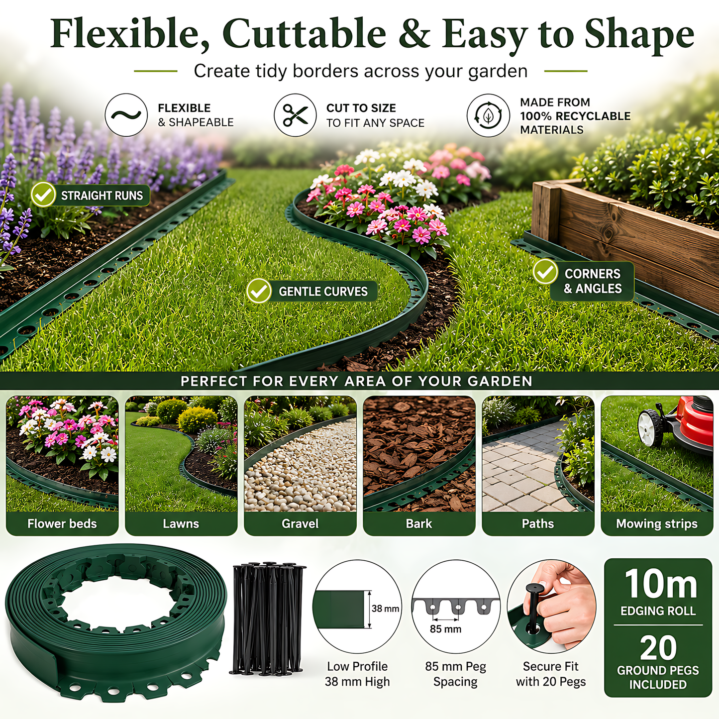 Green Lawn Edging Border 10m 33ft x 38mm - Flexible Plastic Garden Edge Strip with 20 Securing Pegs, Easy Cut-to-Shape Landscape Trim for Flower Beds, Grass, Paths, Gravel, Bark and Mowing Strips