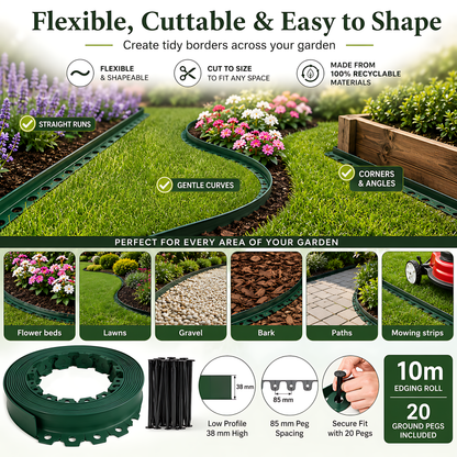 Green Lawn Edging Border 10m 33ft x 38mm - Flexible Plastic Garden Edge Strip with 20 Securing Pegs, Easy Cut-to-Shape Landscape Trim for Flower Beds, Grass, Paths, Gravel, Bark and Mowing Strips