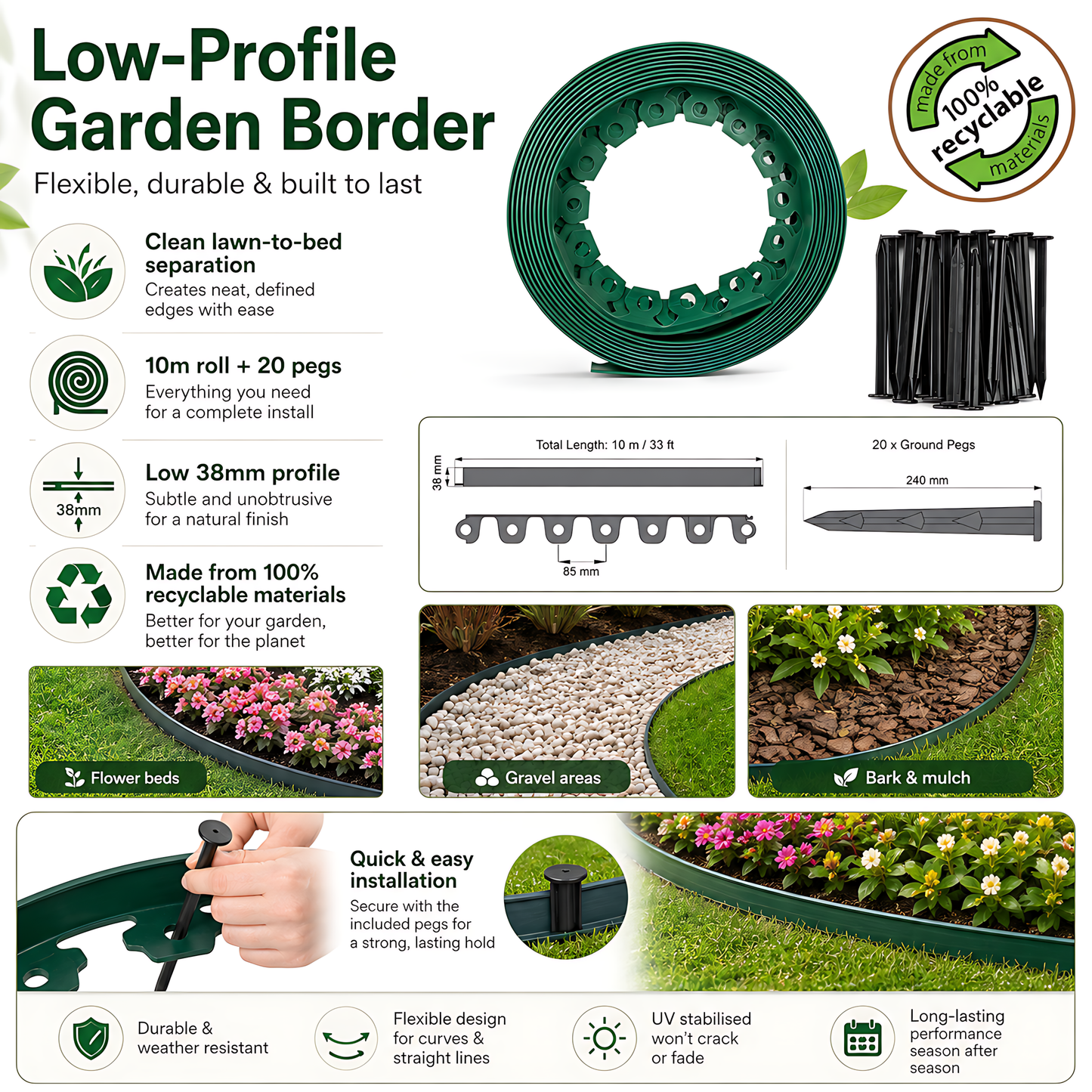 Green Lawn Edging Border 10m 33ft x 38mm - Flexible Plastic Garden Edge Strip with 20 Securing Pegs, Easy Cut-to-Shape Landscape Trim for Flower Beds, Grass, Paths, Gravel, Bark and Mowing Strips