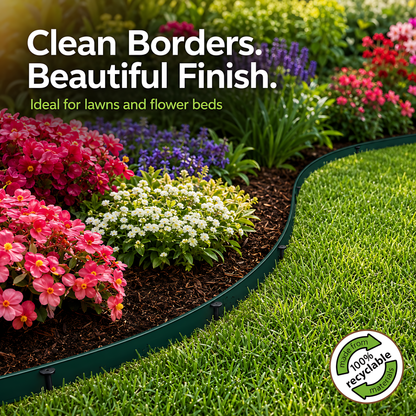 Green Lawn Edging Border 10m 33ft x 38mm - Flexible Plastic Garden Edge Strip with 20 Securing Pegs, Easy Cut-to-Shape Landscape Trim for Flower Beds, Grass, Paths, Gravel, Bark and Mowing Strips
