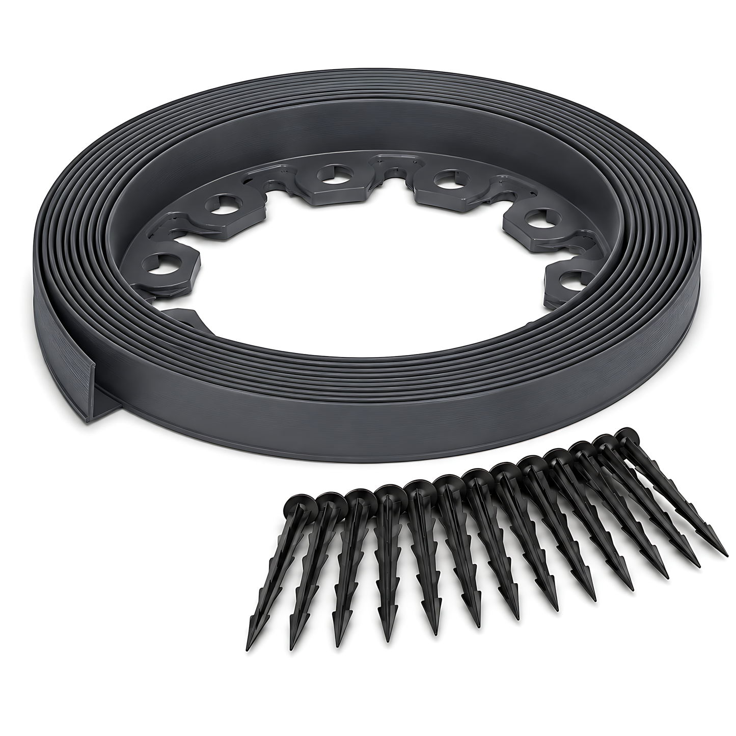 Grey Lawn Edging Border 10m 33ft x 38mm - Flexible Plastic Garden Edge Strip with 20 Securing Pegs, Easy Cut-to-Shape Landscape Trim for Flower Beds, Grass, Paths, Gravel, Bark and Mowing Strips