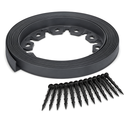 Grey Lawn Edging Border 10m 33ft x 38mm - Flexible Plastic Garden Edge Strip with 20 Securing Pegs, Easy Cut-to-Shape Landscape Trim for Flower Beds, Grass, Paths, Gravel, Bark and Mowing Strips
