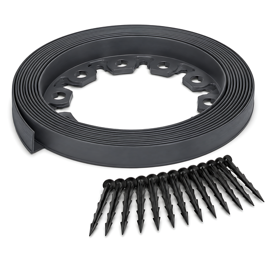 Grey Lawn Edging Border 10m 33ft x 38mm - Flexible Plastic Garden Edge Strip with 20 Securing Pegs, Easy Cut-to-Shape Landscape Trim for Flower Beds, Grass, Paths, Gravel, Bark and Mowing Strips