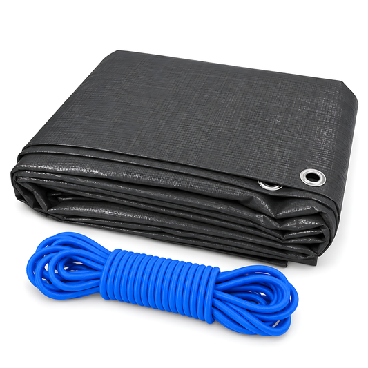 Graphite Grey Tarpaulin 10m x 12m 200 GSM Waterproof with 10m Blue Bungee Rope, UV Resistant, Aluminium Eyelets, Reinforced Hems