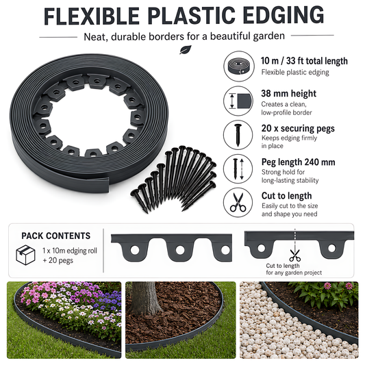 Grey Lawn Edging Border 10m 33ft x 38mm - Flexible Plastic Garden Edge Strip with 20 Securing Pegs, Easy Cut-to-Shape Landscape Trim for Flower Beds, Grass, Paths, Gravel, Bark and Mowing Strips