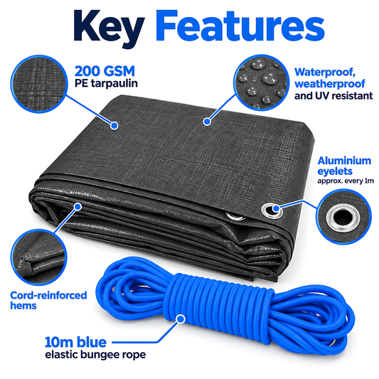 Graphite Grey Tarpaulin 8m x 10m 200 GSM Waterproof with 10m Blue Bungee Rope, UV Resistant, Aluminium Eyelets, Reinforced Hems