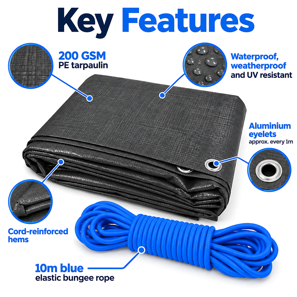 Graphite Grey Tarpaulin 4m x 5m 200 GSM Waterproof with 10m Blue Bungee Rope, UV Resistant, Aluminium Eyelets, Reinforced Hems