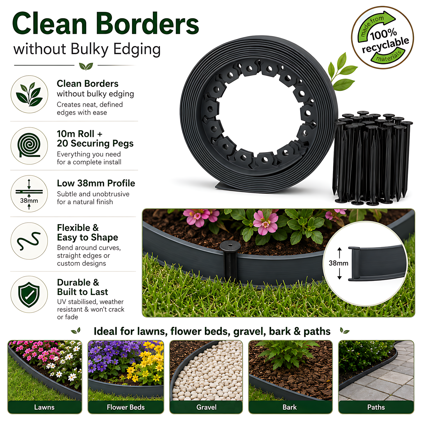 Grey Lawn Edging Border 10m 33ft x 38mm - Flexible Plastic Garden Edge Strip with 20 Securing Pegs, Easy Cut-to-Shape Landscape Trim for Flower Beds, Grass, Paths, Gravel, Bark and Mowing Strips
