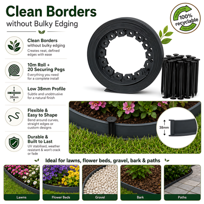 Grey Lawn Edging Border 10m 33ft x 38mm - Flexible Plastic Garden Edge Strip with 20 Securing Pegs, Easy Cut-to-Shape Landscape Trim for Flower Beds, Grass, Paths, Gravel, Bark and Mowing Strips