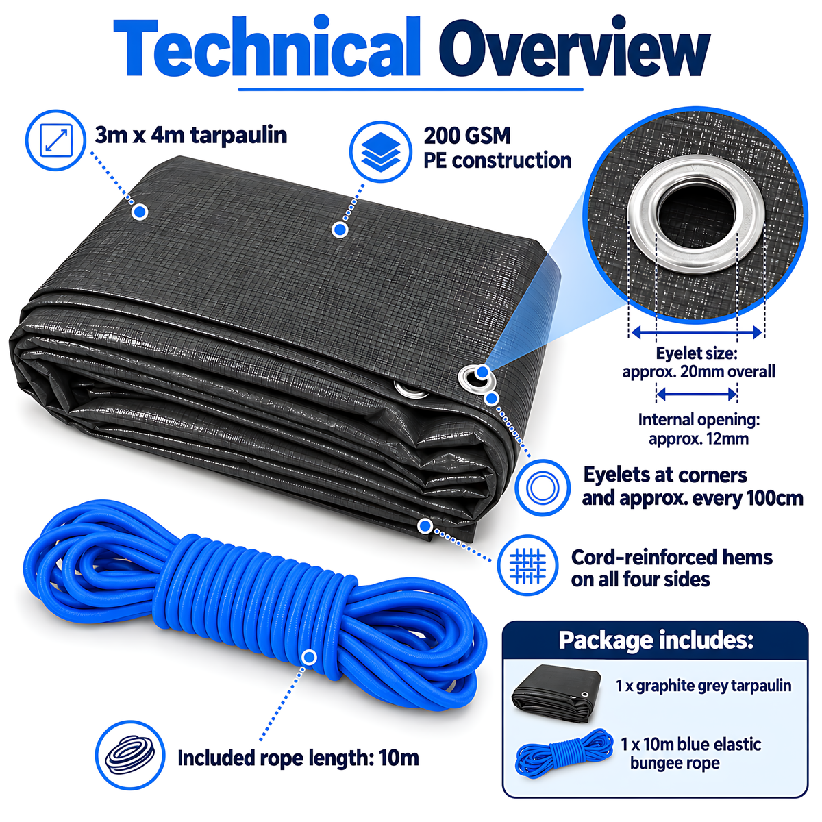 Graphite Grey Tarpaulin 3m x 5m 200 GSM Waterproof with 10m Blue Bungee Rope, UV Resistant, Aluminium Eyelets, Reinforced Hems