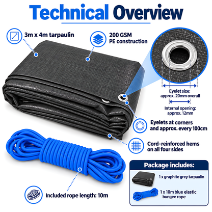 Graphite Grey Tarpaulin 2m x 2m 200 GSM Waterproof with 10m Blue Bungee Rope, UV Resistant, Aluminium Eyelets, Reinforced Hems
