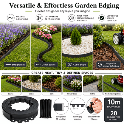 Grey Lawn Edging Border 10m 33ft x 38mm - Flexible Plastic Garden Edge Strip with 20 Securing Pegs, Easy Cut-to-Shape Landscape Trim for Flower Beds, Grass, Paths, Gravel, Bark and Mowing Strips