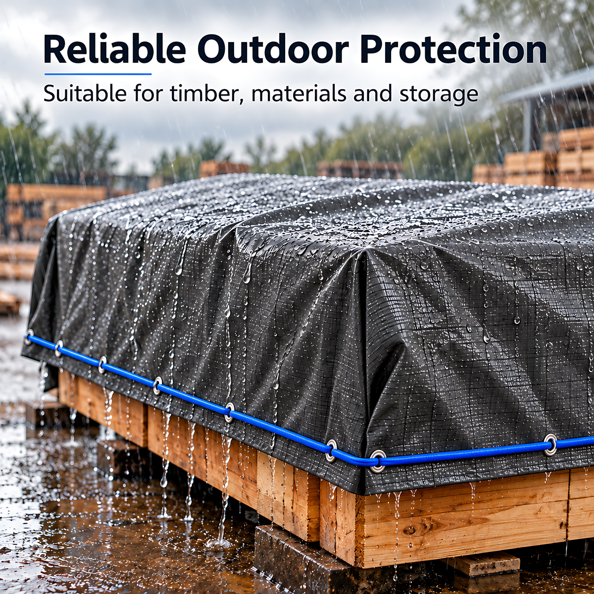 Graphite Grey Tarpaulin 10m x 12m 200 GSM Waterproof with 10m Blue Bungee Rope, UV Resistant, Aluminium Eyelets, Reinforced Hems