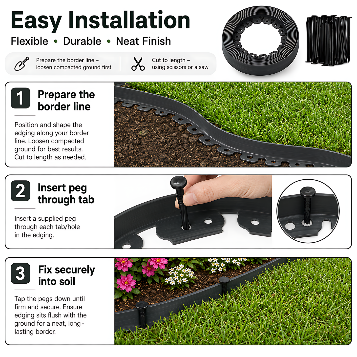 Grey Lawn Edging Border 10m 33ft x 38mm - Flexible Plastic Garden Edge Strip with 20 Securing Pegs, Easy Cut-to-Shape Landscape Trim for Flower Beds, Grass, Paths, Gravel, Bark and Mowing Strips