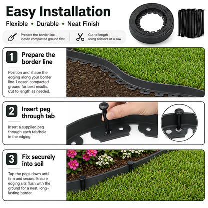 Grey Lawn Edging Border 10m 33ft x 38mm - Flexible Plastic Garden Edge Strip with 20 Securing Pegs, Easy Cut-to-Shape Landscape Trim for Flower Beds, Grass, Paths, Gravel, Bark and Mowing Strips